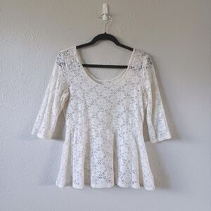 Decree Peplum White Floral Lace Top